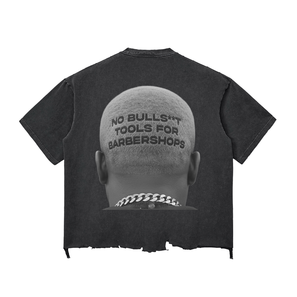 No Bullsh**t Tools For Barbershops Head Snow Wash Cropped Raw-Hem Boxy Tee