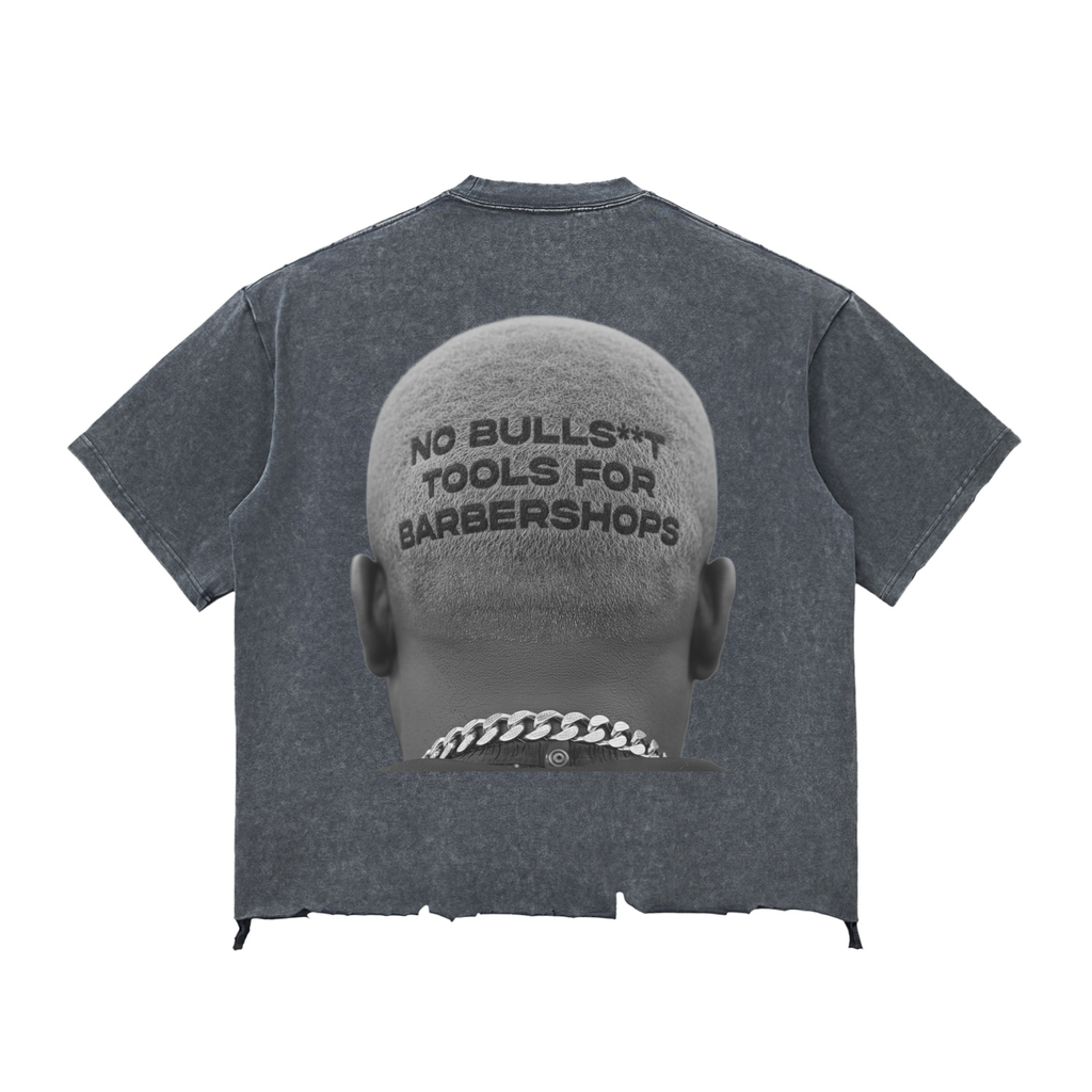 No Bullsh**t Tools For Barbershops Head Snow Wash Cropped Raw-Hem Boxy Tee